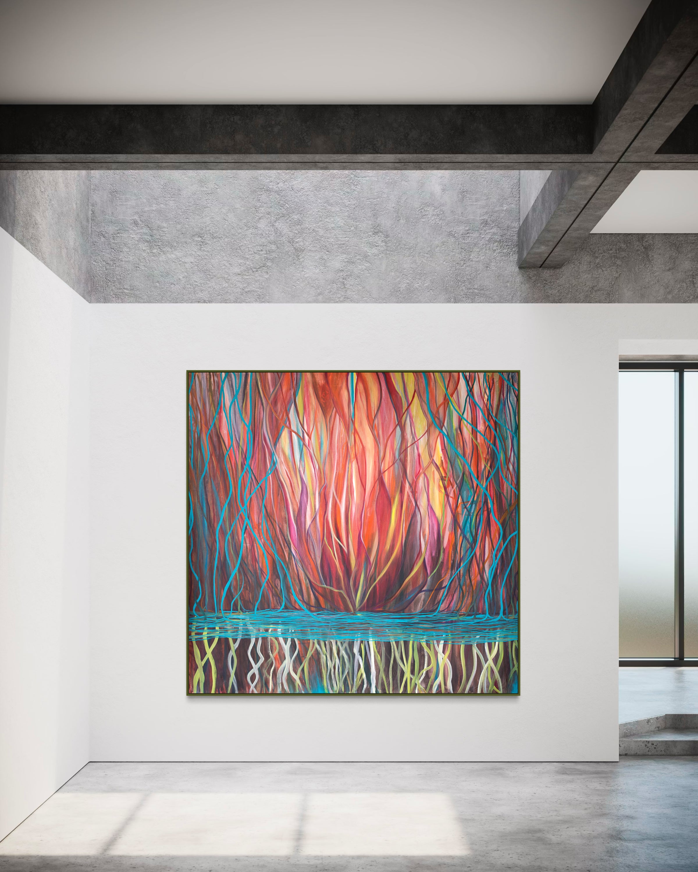 Sacred Portal Red large abstract painting by Florence Liger d’Avignon displayed in contemporary gallery interior