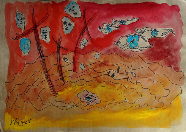 Blue Spirits in the Red drawing with blue spiritual figures emerging in red background from the Amazonia sketchbook by Florence Liger d’Avignon.