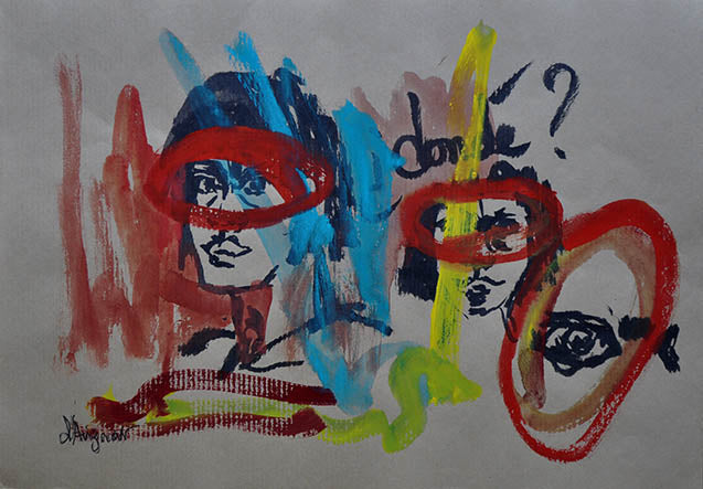 Dónde drawing with multiple eyes and red circles from the Amazonia sketchbook by Florence Liger d’Avignon.