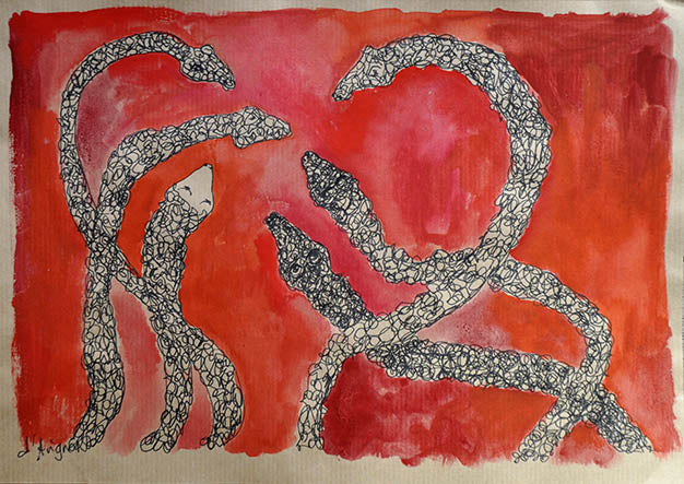 Doubt and Surrender drawing with intertwined serpents symbolizing transformation from the Amazonia sketchbook by Florence Liger d’Avignon.