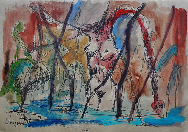 Inner Power drawing of a woman transforming into a serpent from the Amazonia sketchbook by Florence Liger d’Avignon.