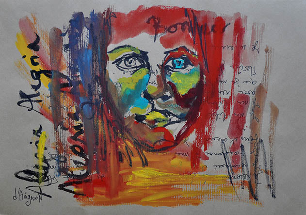 Mystic Alegría drawing with expressive face from the Amazonia sketchbook by Florence Liger d’Avignon.