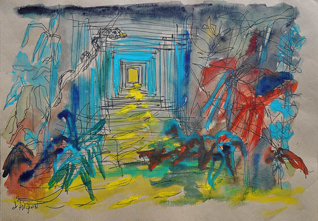 The Threshold drawing from the Amazonia sketchbook by Florence Liger d’Avignon, watercolor ink and natural pigments inspired by the Amazon rainforest.