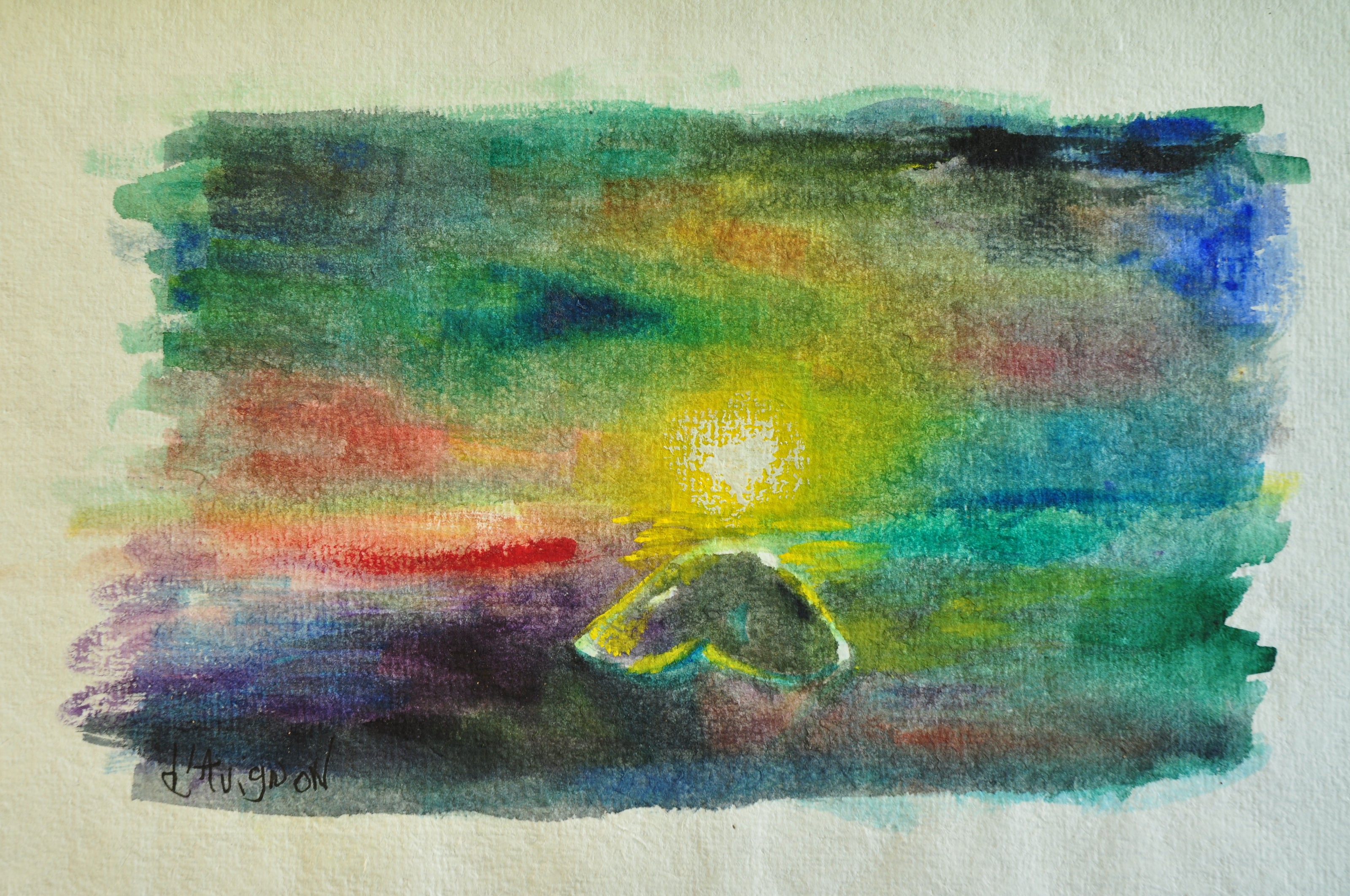 Vastness drawing showing river, sun and boat from the Amazonia sketchbook by Florence Liger d’Avignon, inspired by the Peruvian rainforest.