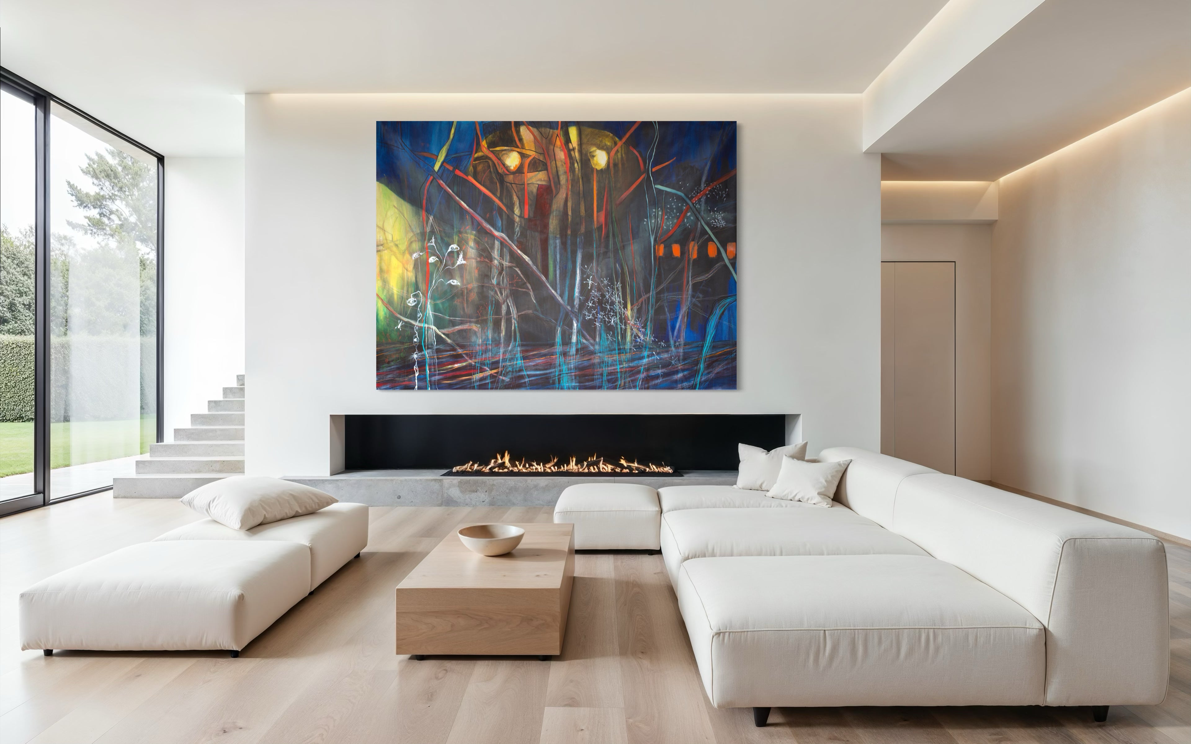 Large abstract painting Sacred Portal Blue by Florence Liger d’Avignon displayed in a modern living room