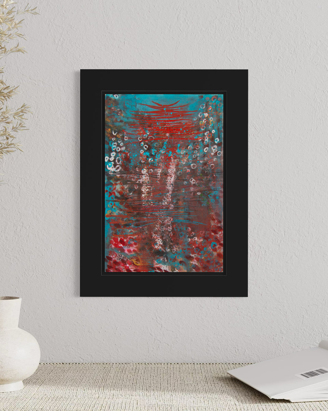 Mystic Lianas Red – Amazonia abstract painting with red lines and turquoise pigments inspired by rainforest energy