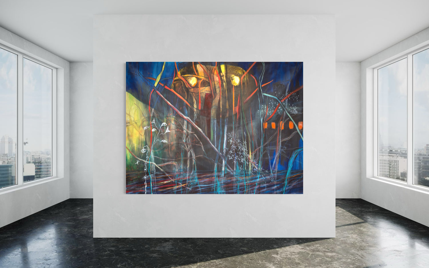 Sacred Portal Blue large abstract painting by Florence Liger d’Avignon displayed in a contemporary gallery interior