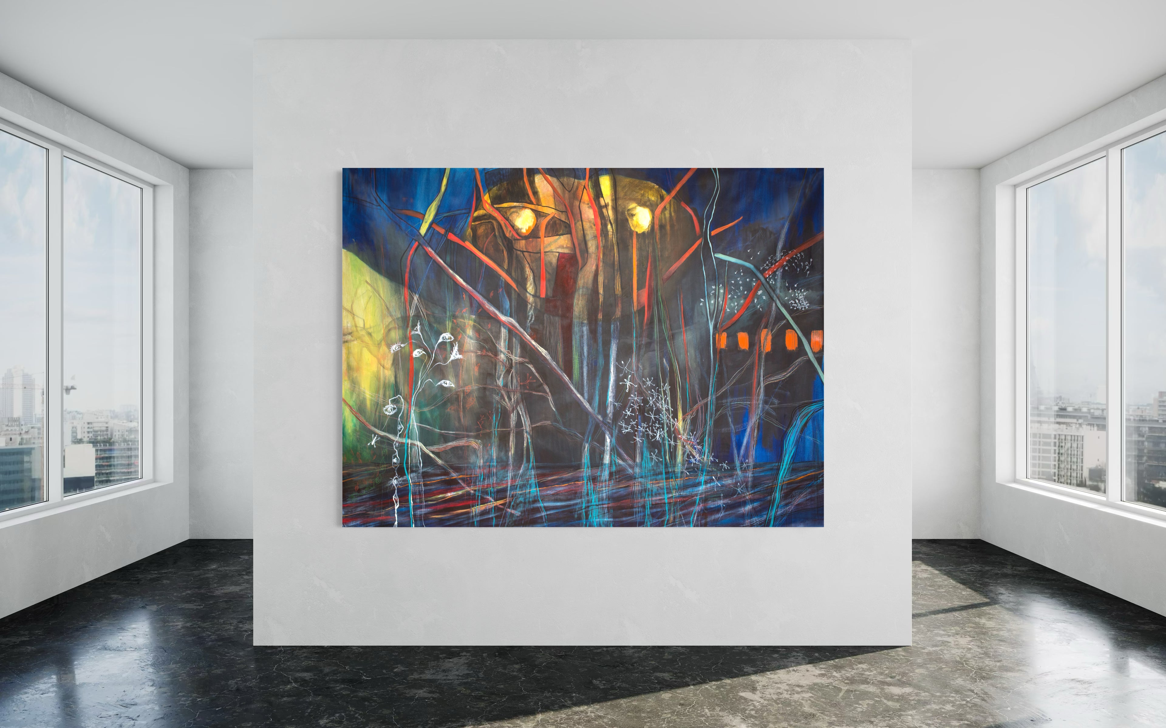 Sacred Portal Blue large abstract painting by Florence Liger d’Avignon displayed in a contemporary gallery interior