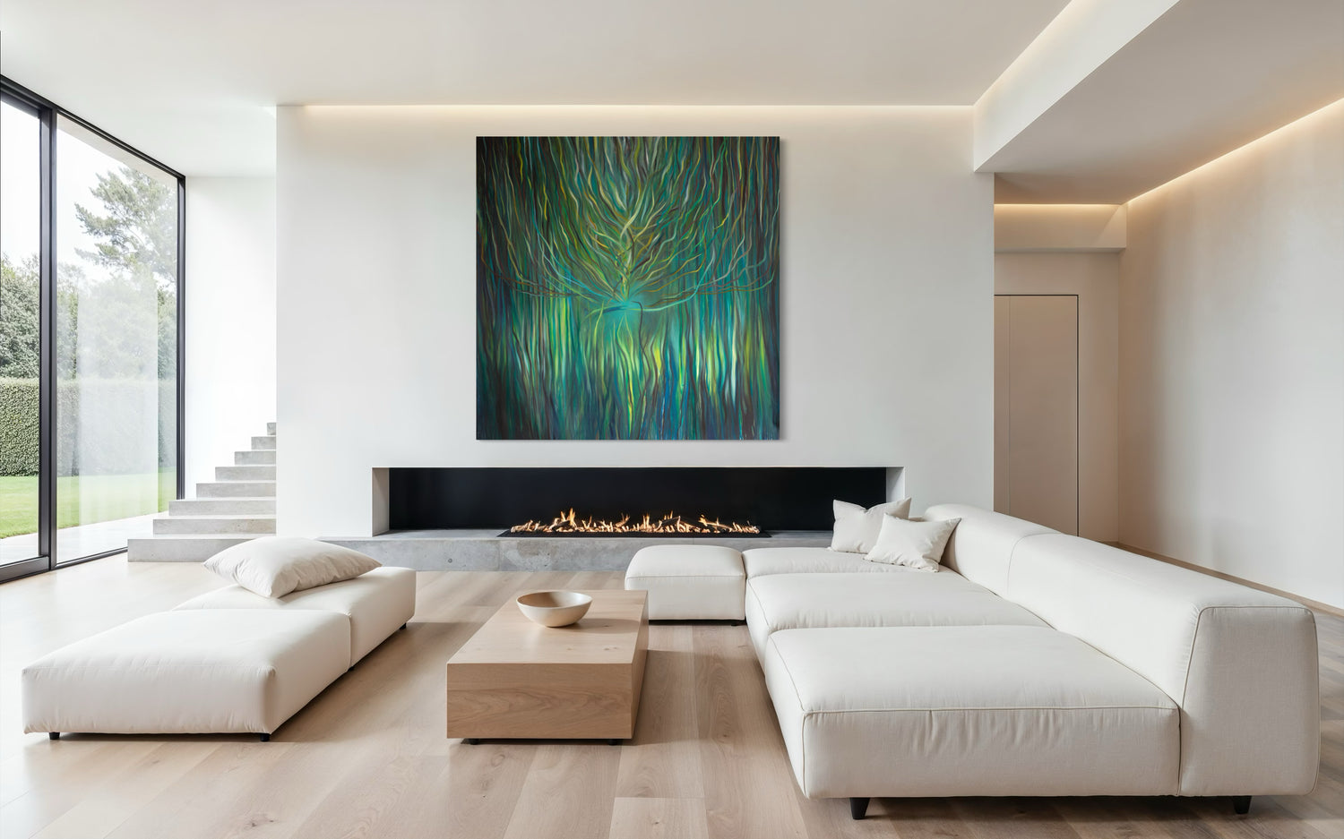 Sacred Portal Green large abstract painting by Florence Liger d’Avignon displayed above fireplace in contemporary interior