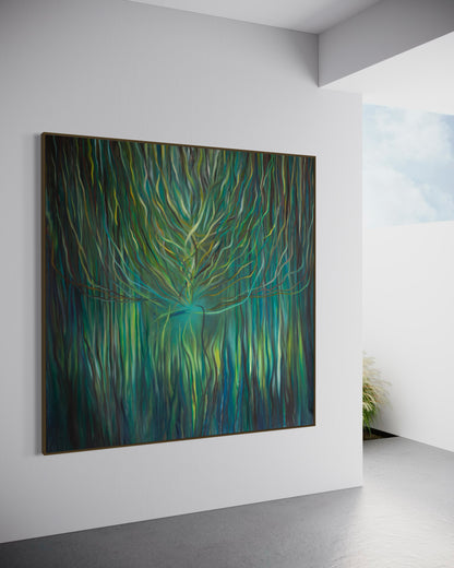 Sacred Portal Green large abstract painting by Florence Liger d’Avignon displayed in contemporary gallery interior