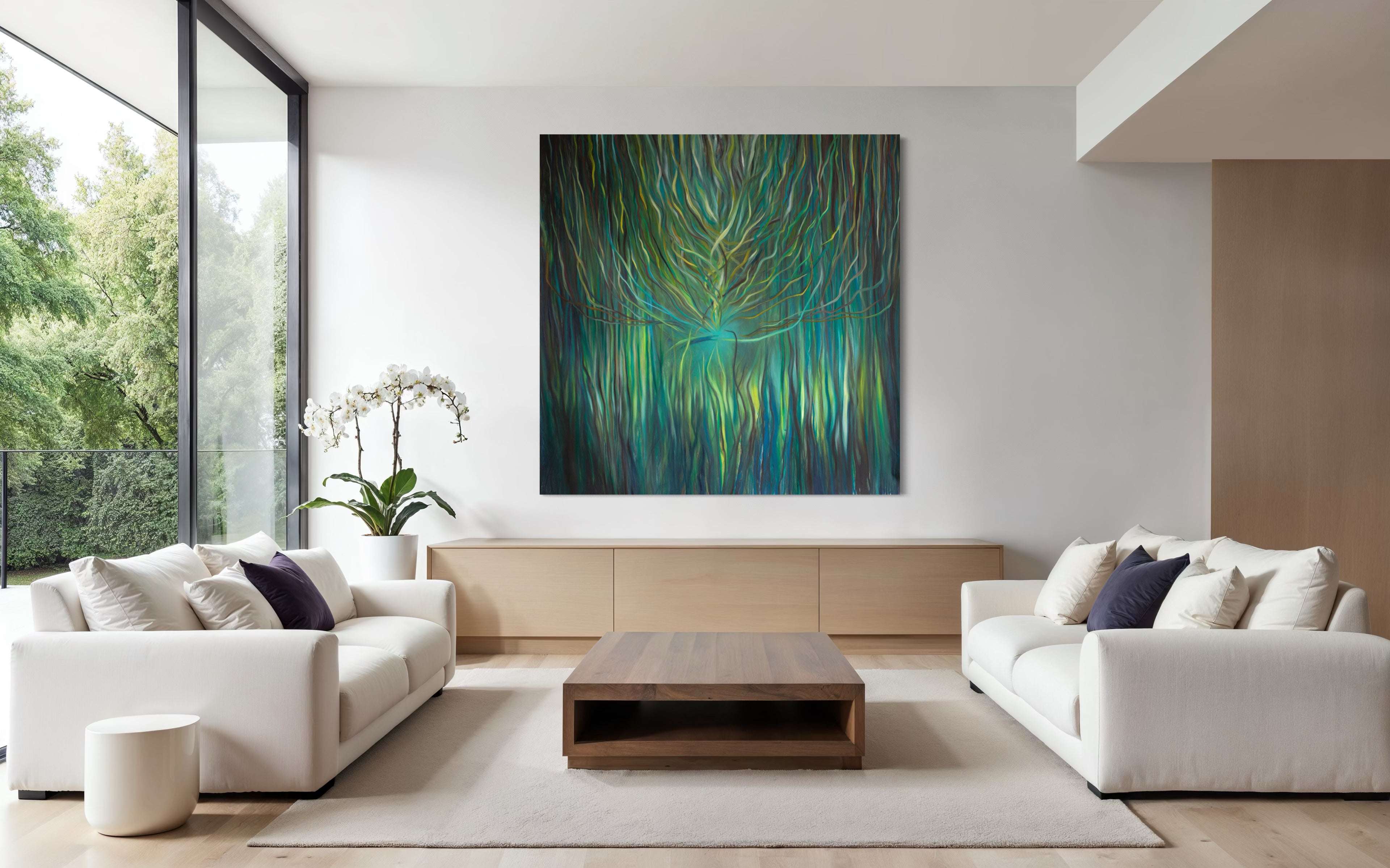 Sacred Portal Green large abstract painting by Florence Liger d’Avignon displayed in modern living room interior
