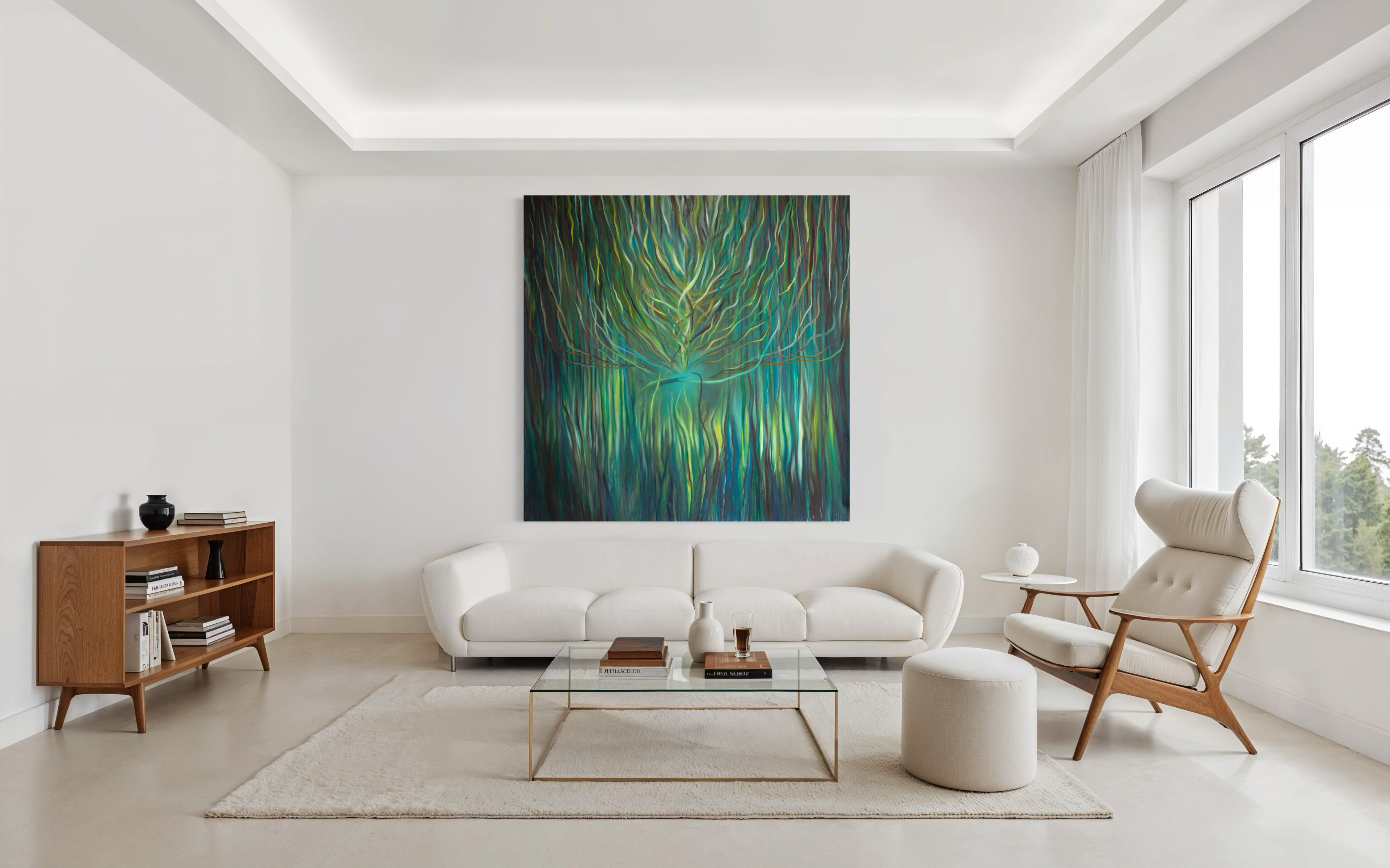 Sacred Portal Green large abstract painting by Florence Liger d’Avignon displayed in contemporary interior