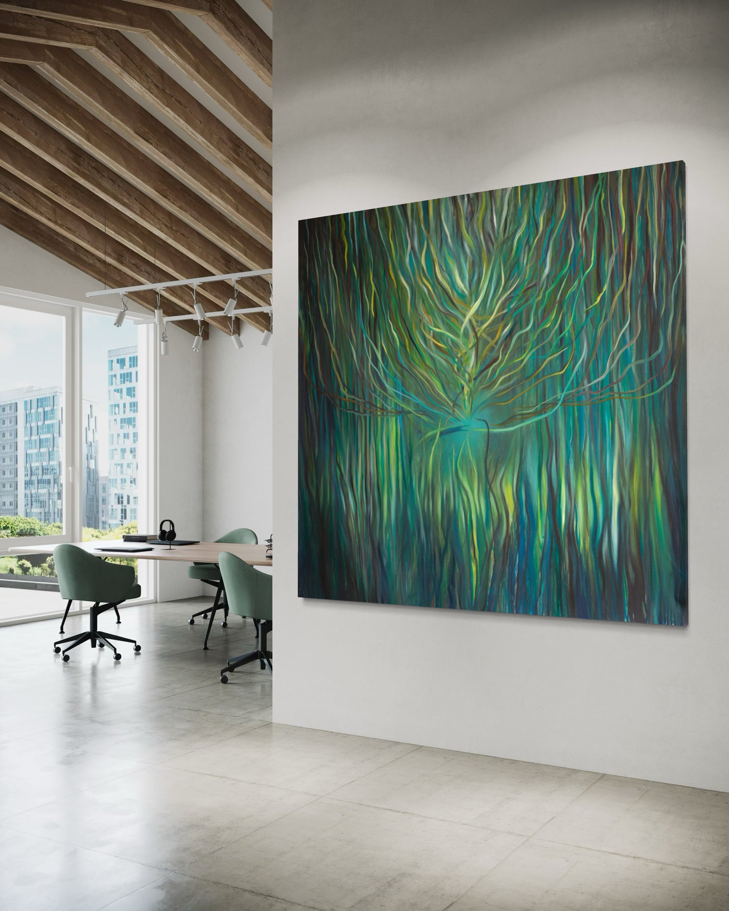 Sacred Portal Green large abstract painting by Florence Liger d’Avignon displayed in modern office interior