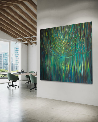 Sacred Portal Green large abstract painting by Florence Liger d’Avignon displayed in modern office interior