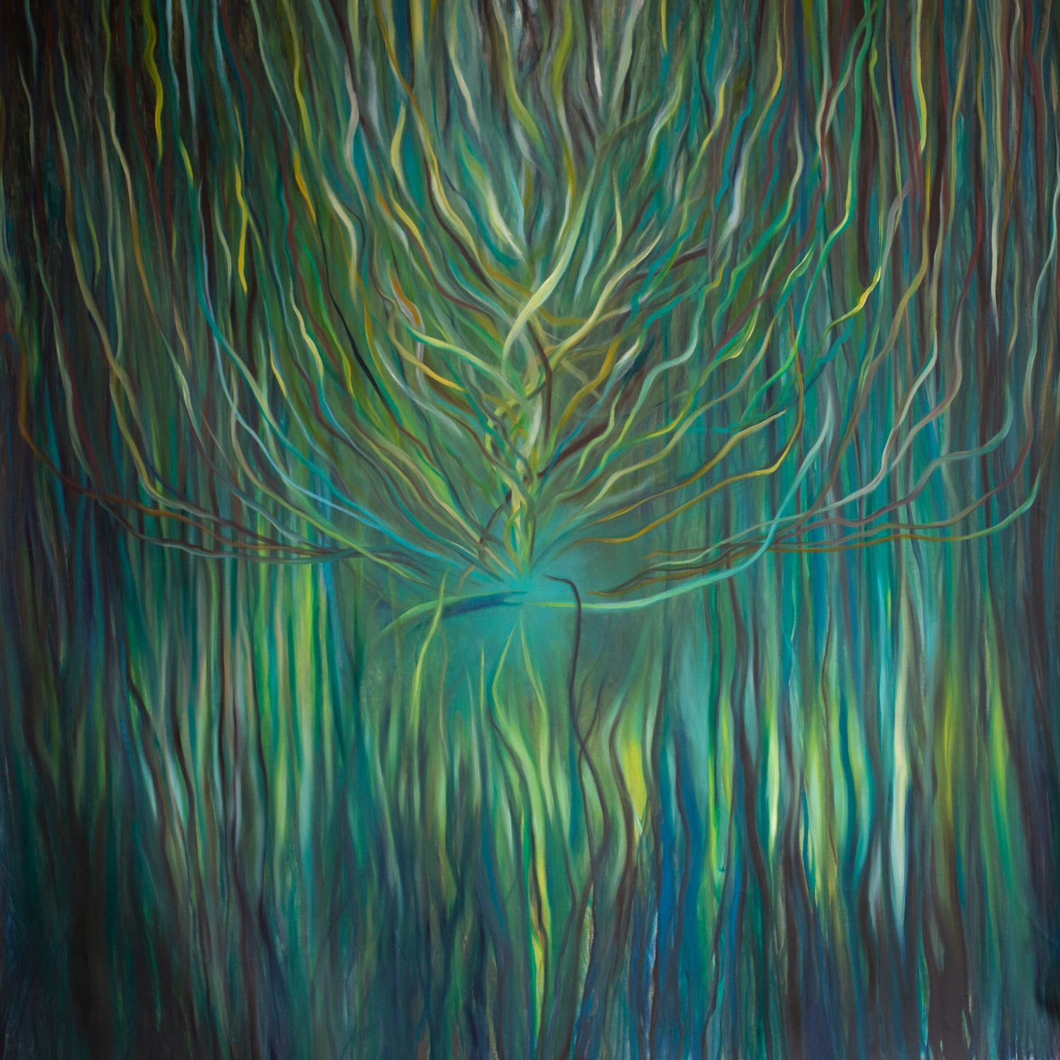 Sacred Portal Green large abstract painting by Florence Liger d’Avignon, oil on canvas 200 × 200 cm