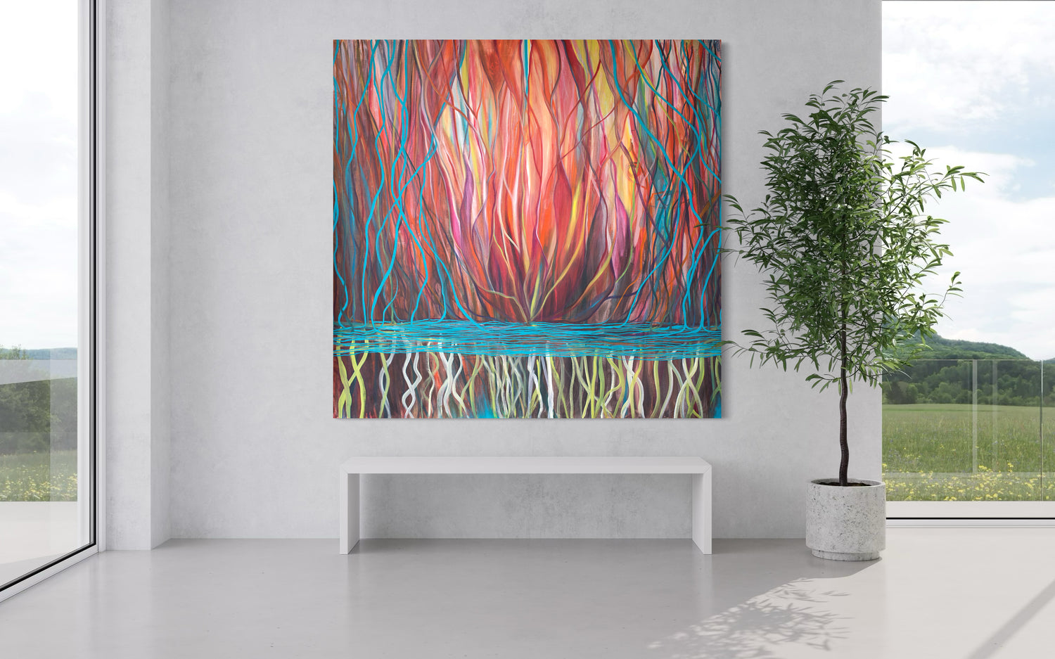 Sacred Portal Red large abstract painting by Florence Liger d’Avignon displayed in modern interior with plant