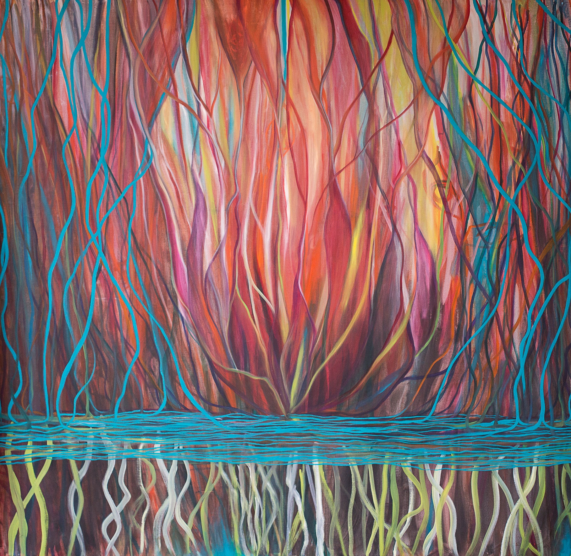 Sacred Portal Red large abstract painting by Florence Liger d’Avignon with vibrant red organic forms, oil on canvas 200 × 200 cm